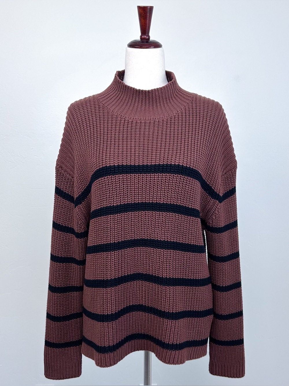 Evereve Chunky Brown Black Stripe 100% Cotton Mock Neck Boxy Sweater MEDIUM